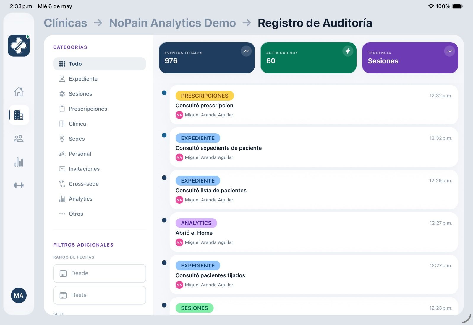 NoPain Pro — Registro de auditoría