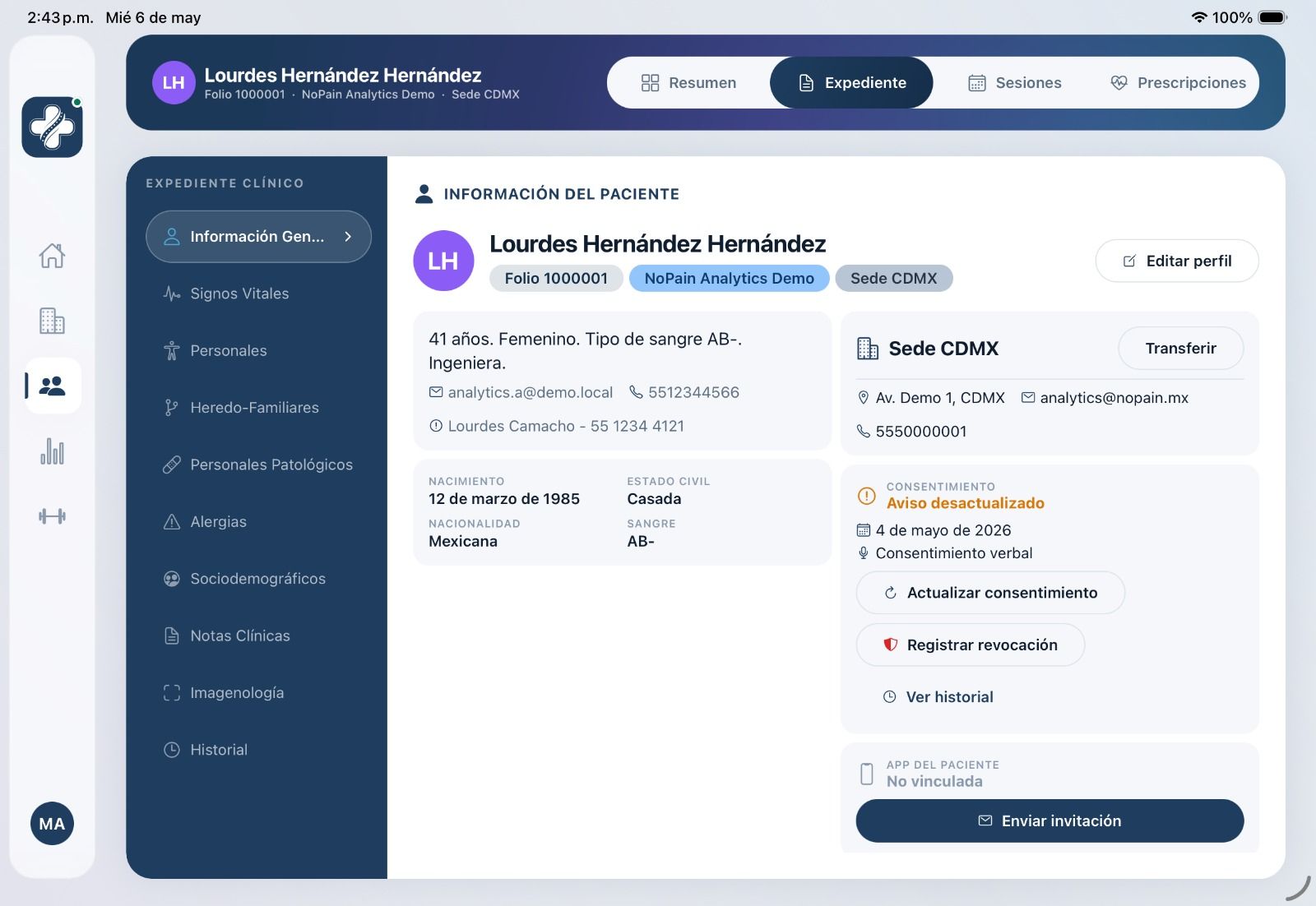 NoPain Pro — Expediente · Clínico