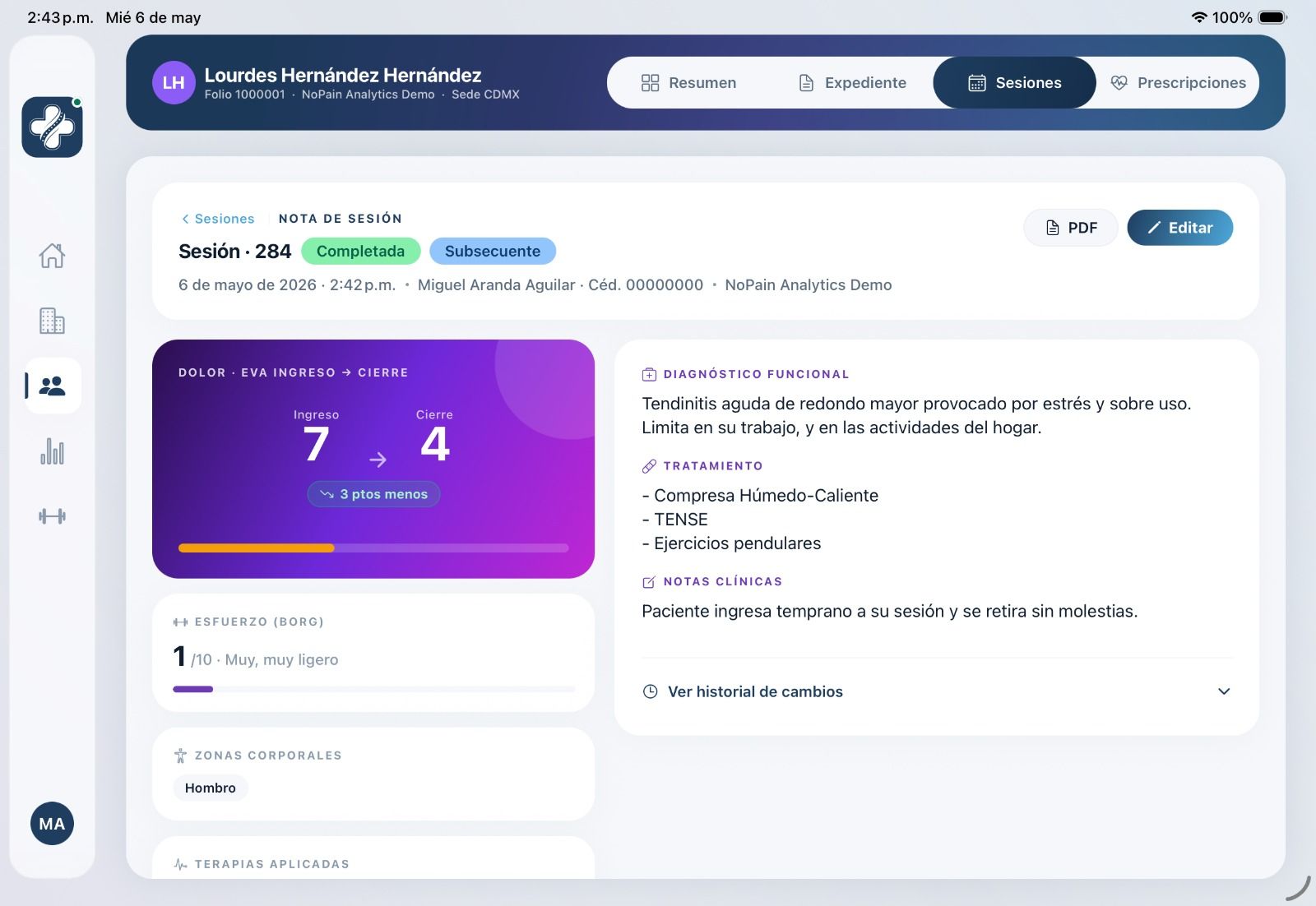 NoPain Pro — nota de sesión