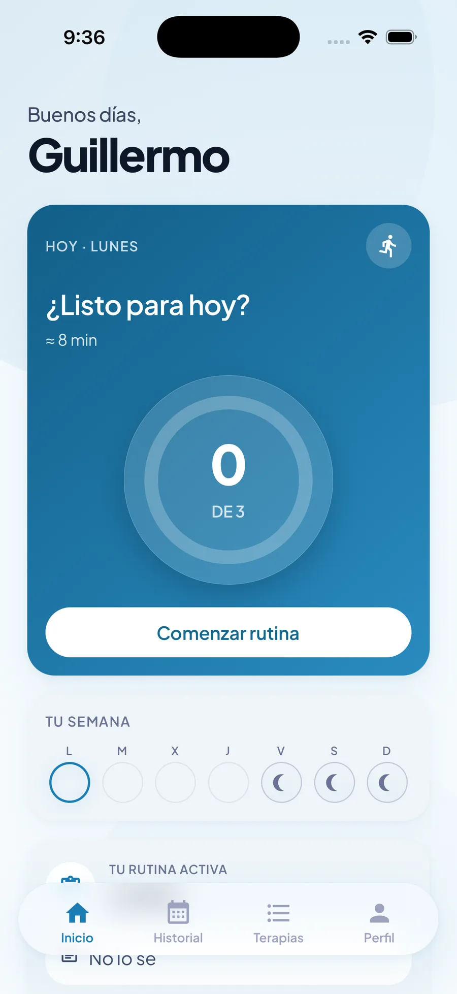 Inicio de la app del paciente con la rutina del día en NoPain